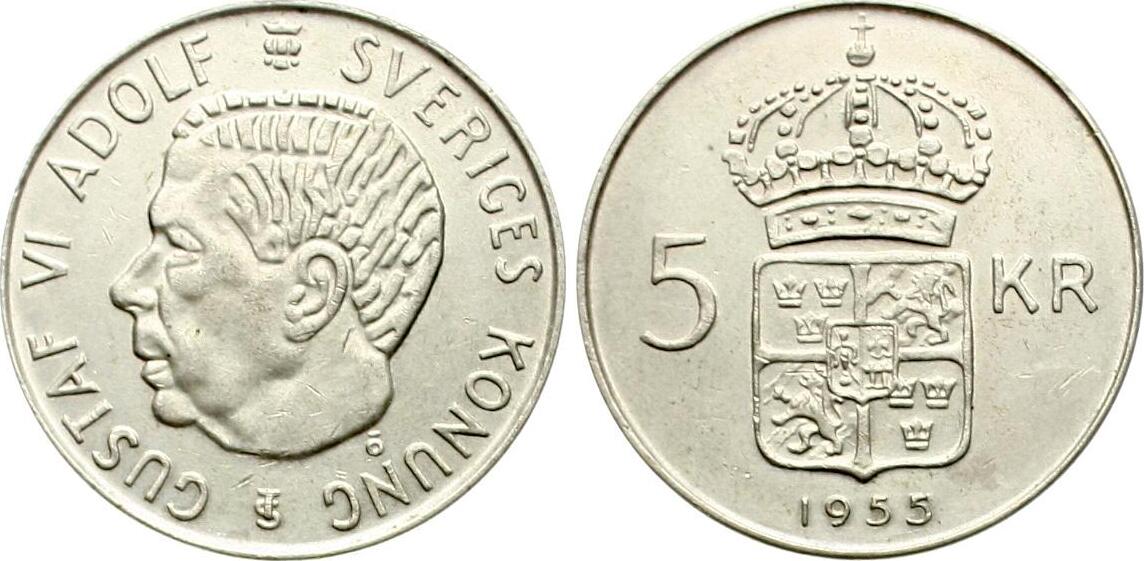  Schweden: Gustav VI. Adolf, 5 Krona 1955   