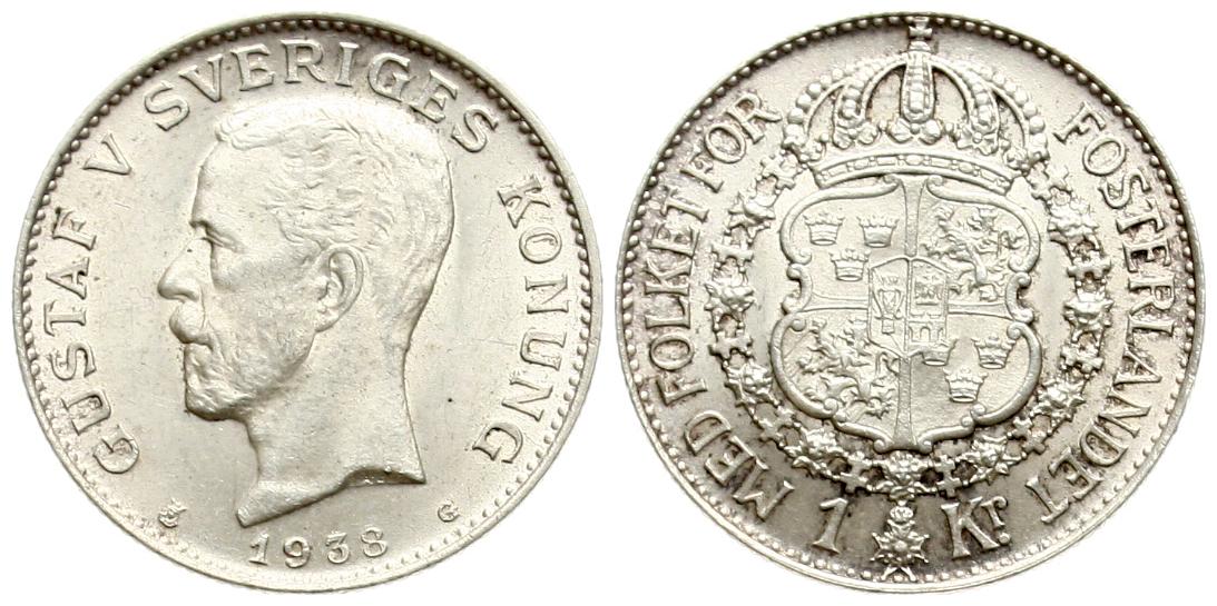  Schweden: Gustav V., 1 Krone 1938, TOP-ERHALTUNG! siehe unten!   