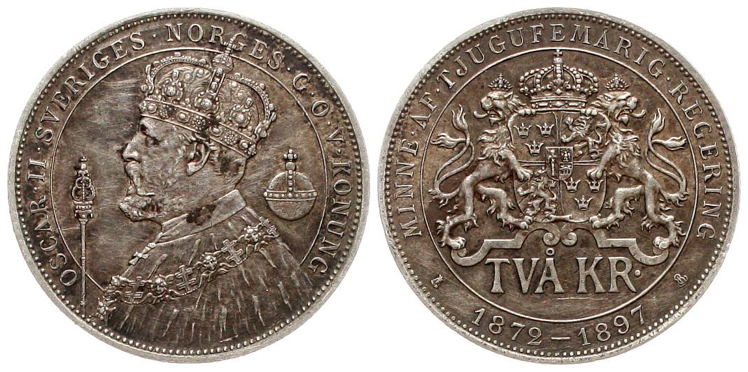  Scheden: Oscar II., 2 Krona 1897, Gedenkmünze, seltener! siehe unten!   