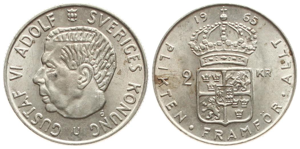 Schweden: Gustav VI. Adolf, 2 Kroner 1965 U, TOP-Erhaltung   
