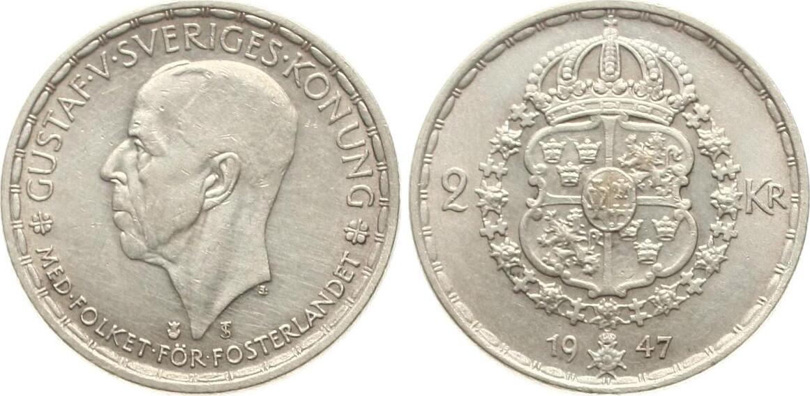  Schweden: Gustav V., 2 Kroner 1947 TS, TOP-Erhaltung   