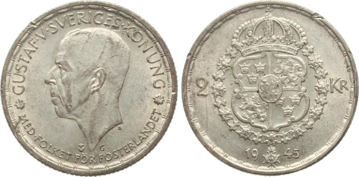  Schweden: Gustav V., 2 Kroner 1945 TS, siehe unten!   