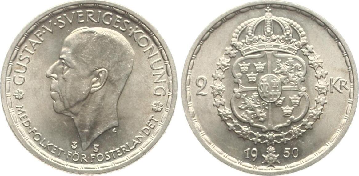  Schweden: Gustav V., 2 Kroner 1950 TS, siehe unten! TOP-ERHALTUNG!   