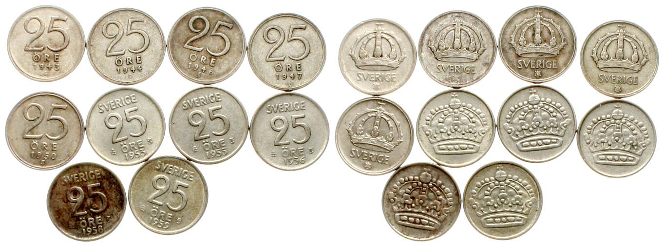  Schweden: Lot von 10 x 25 Øre in 400er Silber, keine doppelten Jahre!   