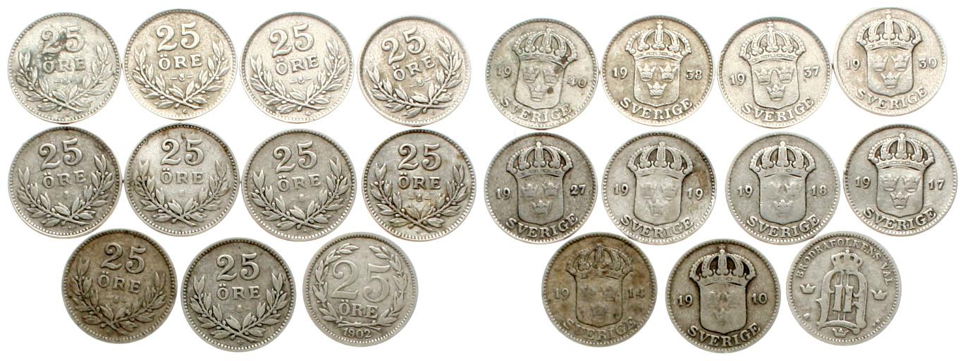  Schweden: Lot von 11 x 25 Øre in 600er Silber, keine doppelten Jahre!   