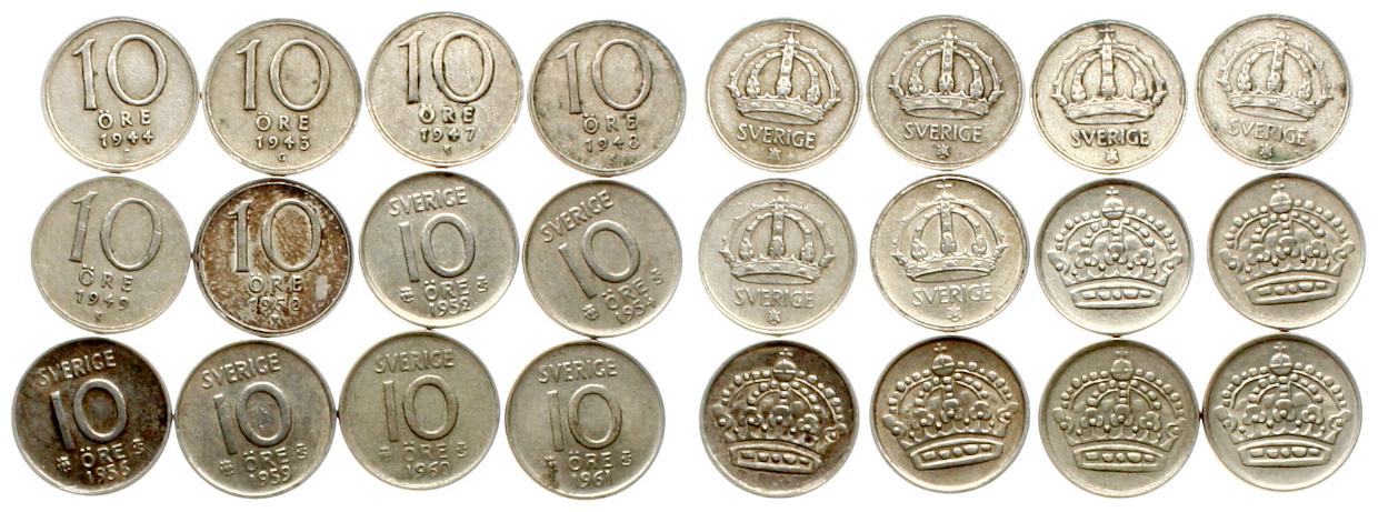  Schweden: Lot von 12 x 10 Øre in 400er Silber, keine doppelten Jahre!   