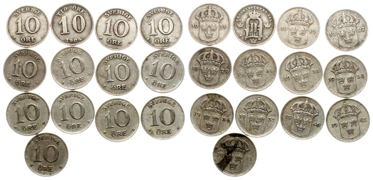  Schweden: Lot von 13 x 10 Øre in 400er Silber, keine doppelten Jahre!   
