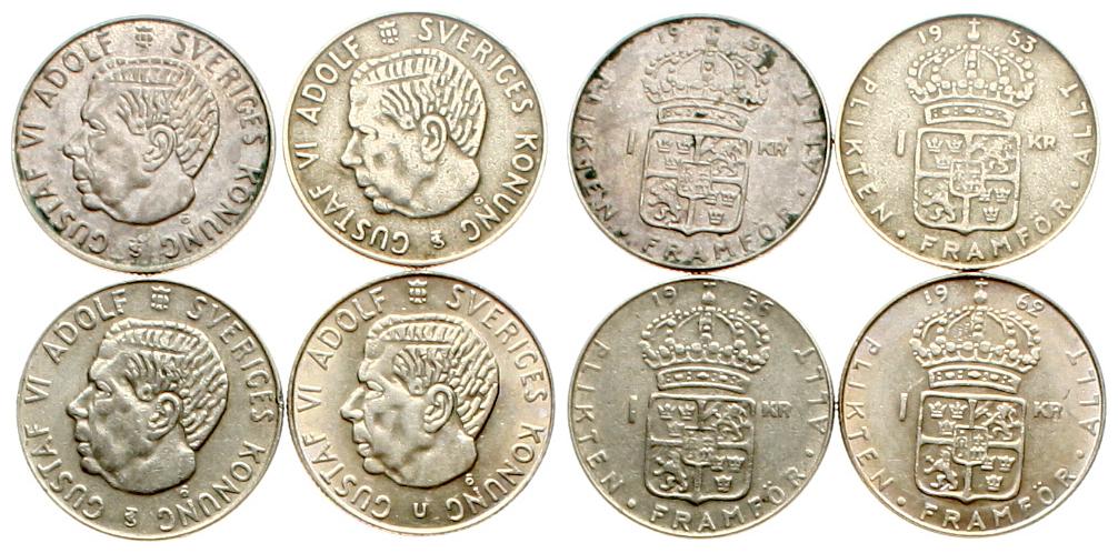  Schweden: Lot von 4 x 1 Krone in 400er Silber, keine doppelten Jahre!   