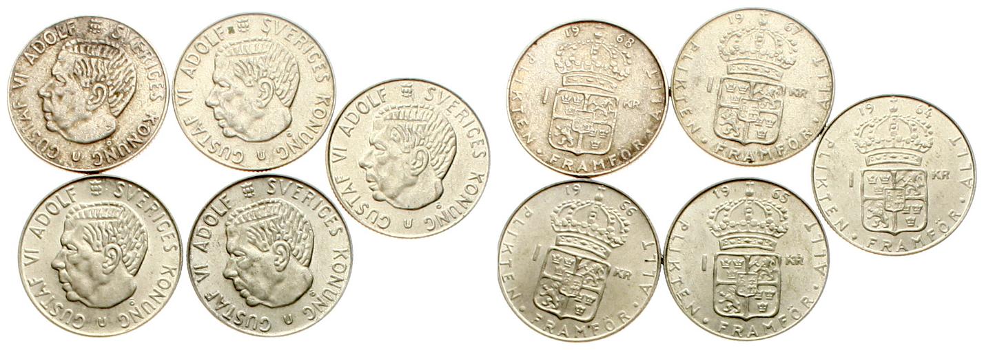  Schweden: Lot von 5 x 1 Krone in 400er Silber, keine doppelten Jahre!   
