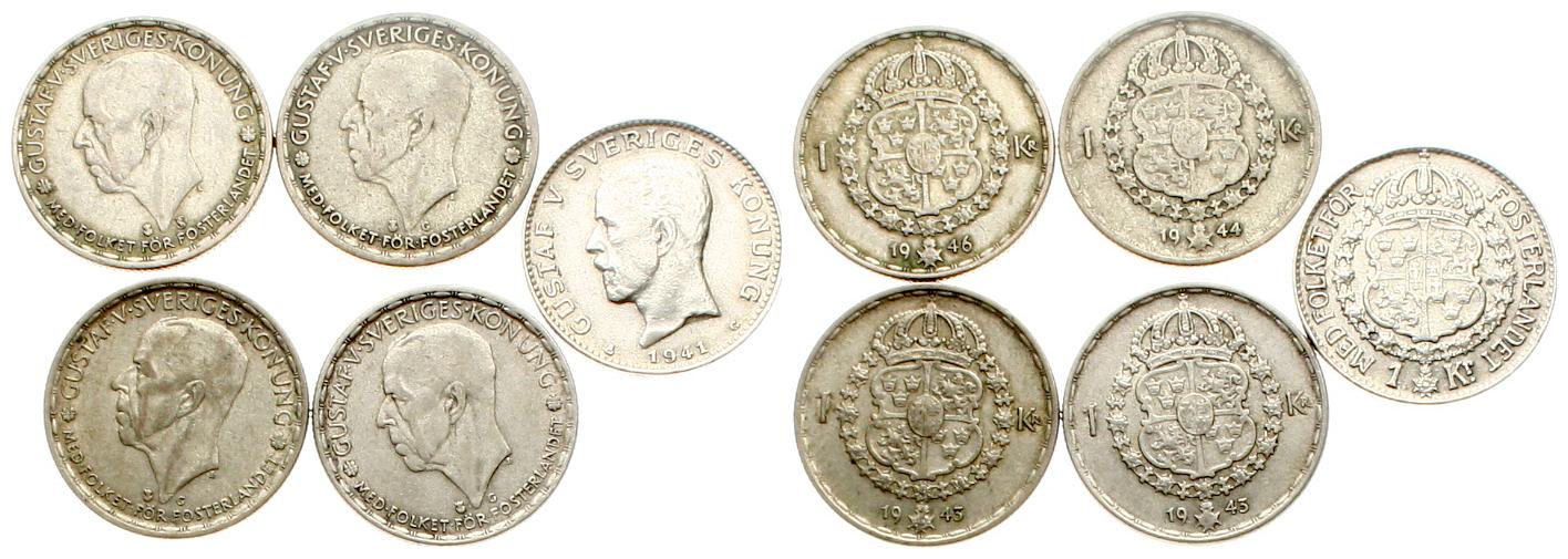  Schweden: Lot von 5 x 1 Krone in 400er Silber, keine doppelten Jahre!   