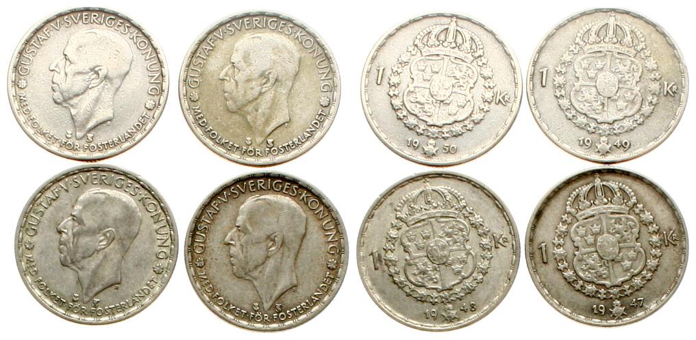  Schweden: Lot von 4 x 1 Krone in 400er Silber, keine doppelten Jahre!   
