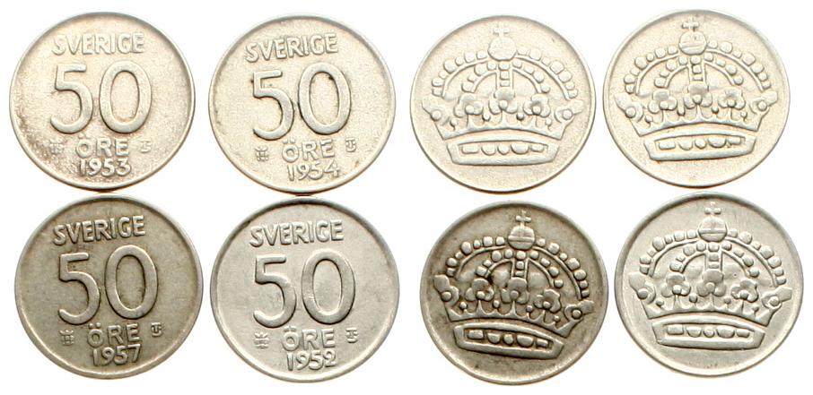  Schweden: Lot von 4 x 50 Øre in 400er Silber, keine doppelten Jahre!   