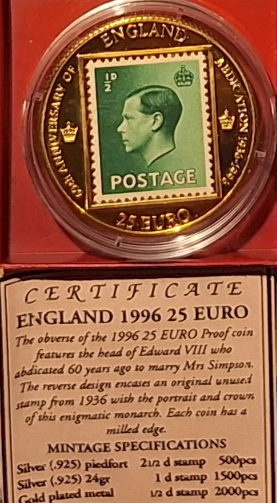 England,25 Euro,1996, 60Jahre Abdankung Edward VIII, Metall vergoldet ex 2.000+Zertifikat   