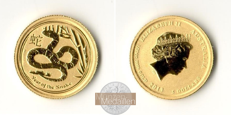  Australien 5 Dollars Year of the Snake 2013 MM-Frankfurt KM#1997 Feingold: 1,555g   