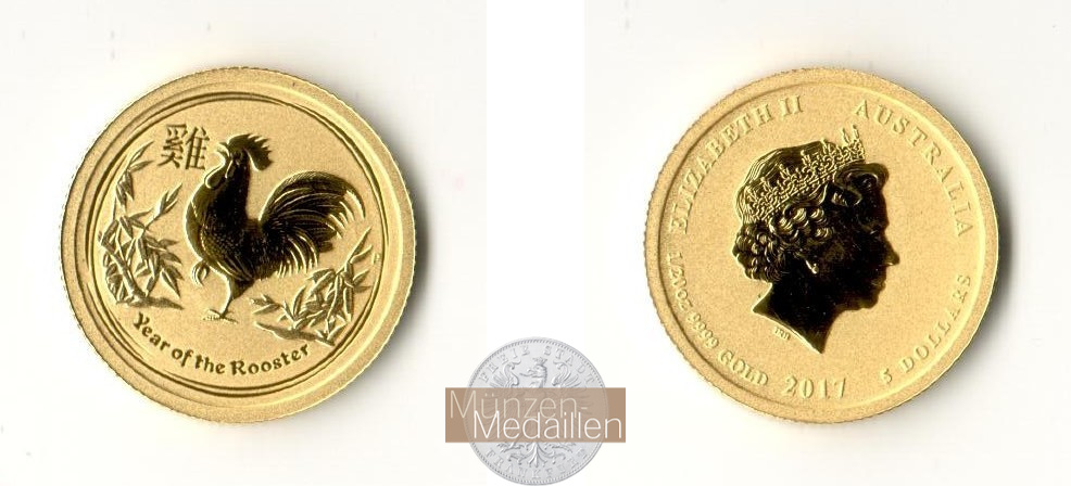  Australien 5 Dollars Year of the Rooster 2017 MM-Frankfurt KM#3404.1 Feingold: 1,555g   