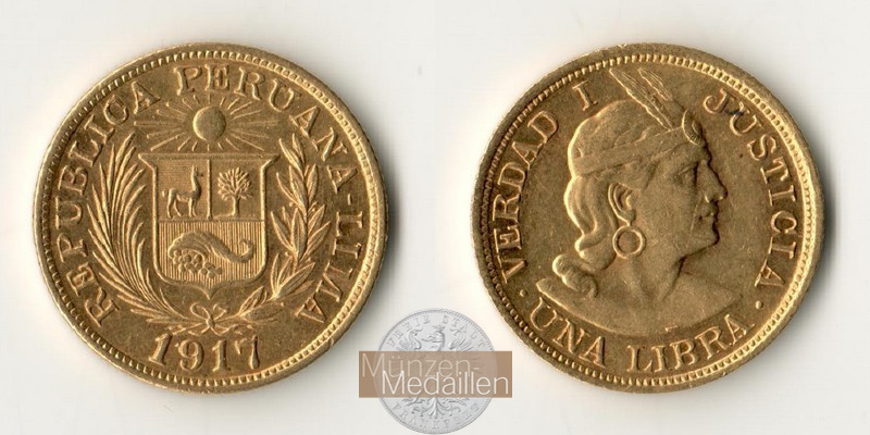  Peru 1 Libra 1917 (1898-1969) MM-Frankfurt KM#207 Feingold: 7,323g   