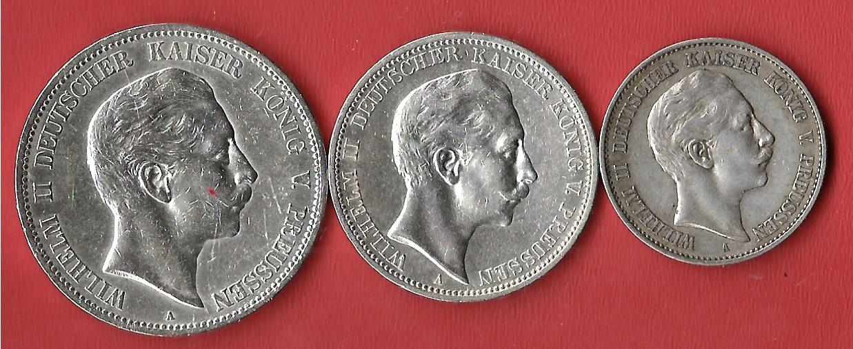  Preussen 2+3+5 Mark Wilhelm II  Koblenzer Muenzen Studio Münzankauf Koblenz Frank Maurer AL533   