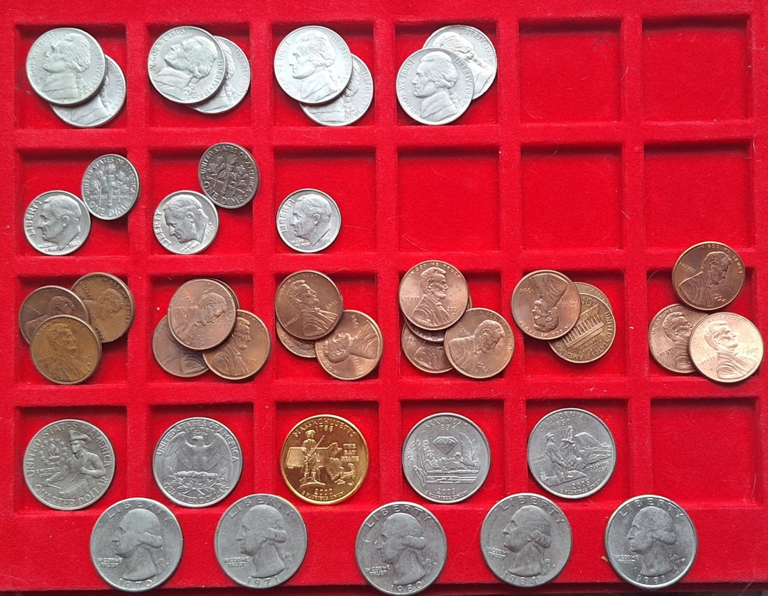  USA, 1+5Cent, Dime, Quarter=25Cent=1/4 Dollar - Kleinmünzen lose Gesamtgewicht 164g   
