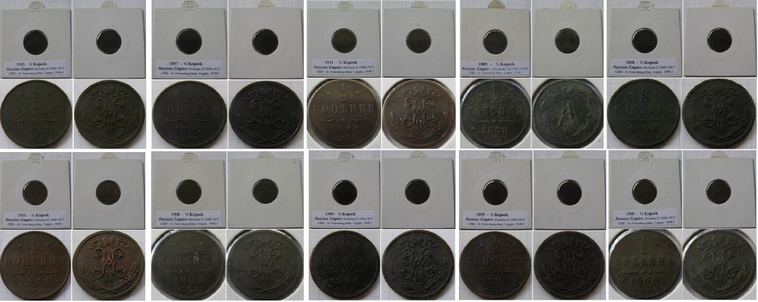  1889-1913, Russian Empire,  ½ Kopeck, a set of 10 Russian old coins   