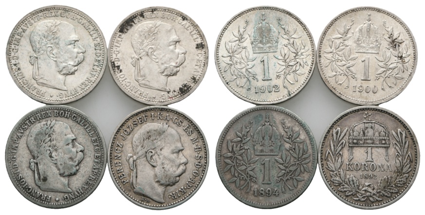  Ungarn/ Österreich; 4x 1 Krone 1902 / 1900 / 1894 / 1892   