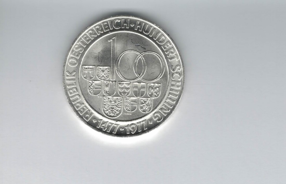  100 Schilling 1977 500 Jahre Münzstätte Hall/Tirol 15,36g fei Ag Österreich Spittalgold9800 01914/16   