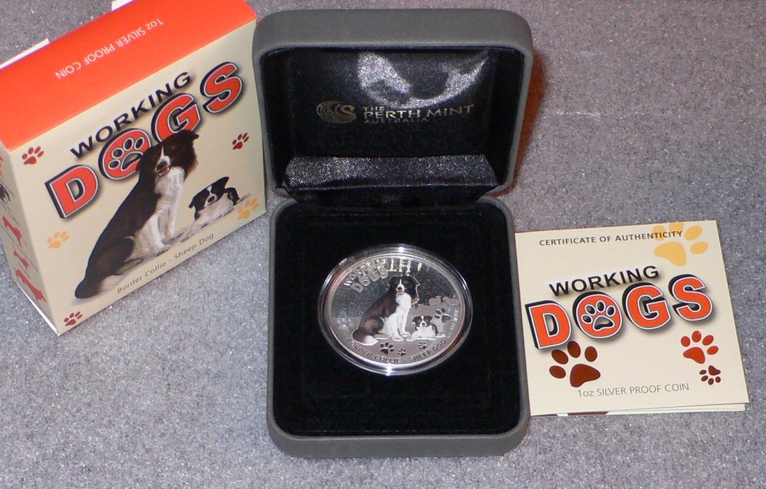  - kirofa - TUVALU 2011 - working dog - border coliie- 1 oz Silver 9999 PROOF -PP-- Full Packaging.   