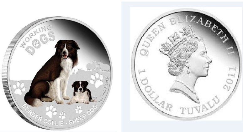  - kirofa - TUVALU 2011 - working dog - border coliie- 1 oz Silver 9999 PROOF -PP-- Full Packaging.   