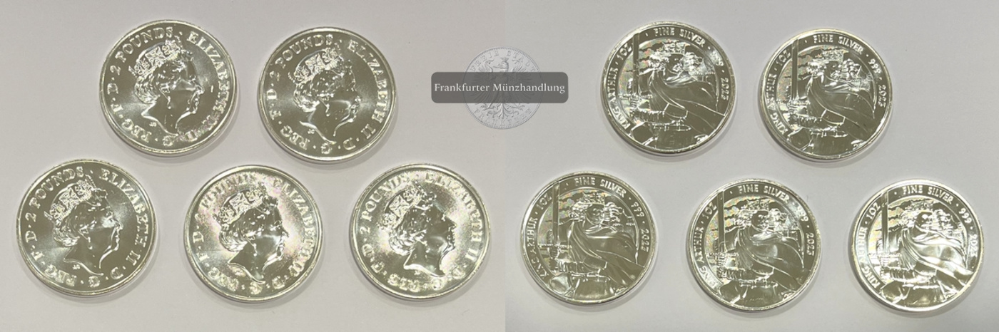  Großbritannien 2 Pounds 2023 x 5 LOT King Arthur  FM-Frankfurt  Feinsilber: 155g   