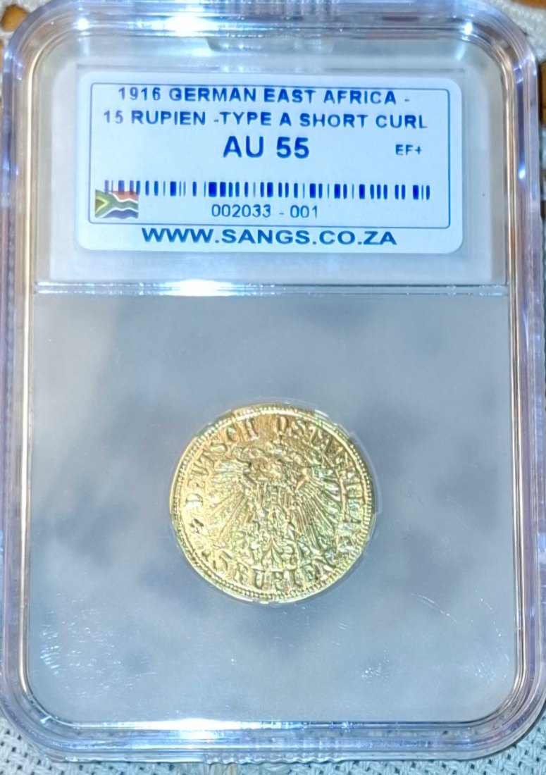  DEUTSCH-OSTAFRIKA 15 Rupien 1916 T (J 728a) - seltene koloniale Goldmünze VZ+ - SANGS Zertifikat   
