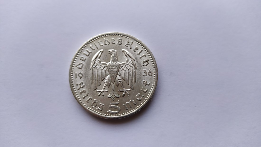 5 MARK 1936 A Hindenburg Germany Silver 900