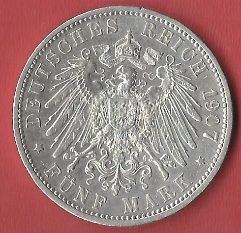  5 Mark Baden 1907 Koblenzer Muenzen Studio Münzankauf Koblenz Frank Maurer AL597   