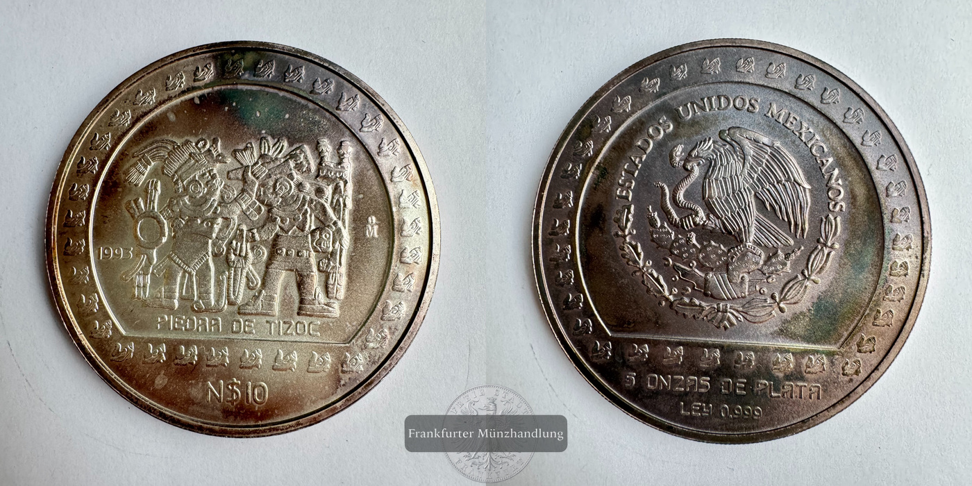  Mexiko / 10 Neue Pesos Piedra de Tizoc 5 oz 1993 (1992-93) FM-Frankfurt KM#650 Feinsilber: 155,5g   