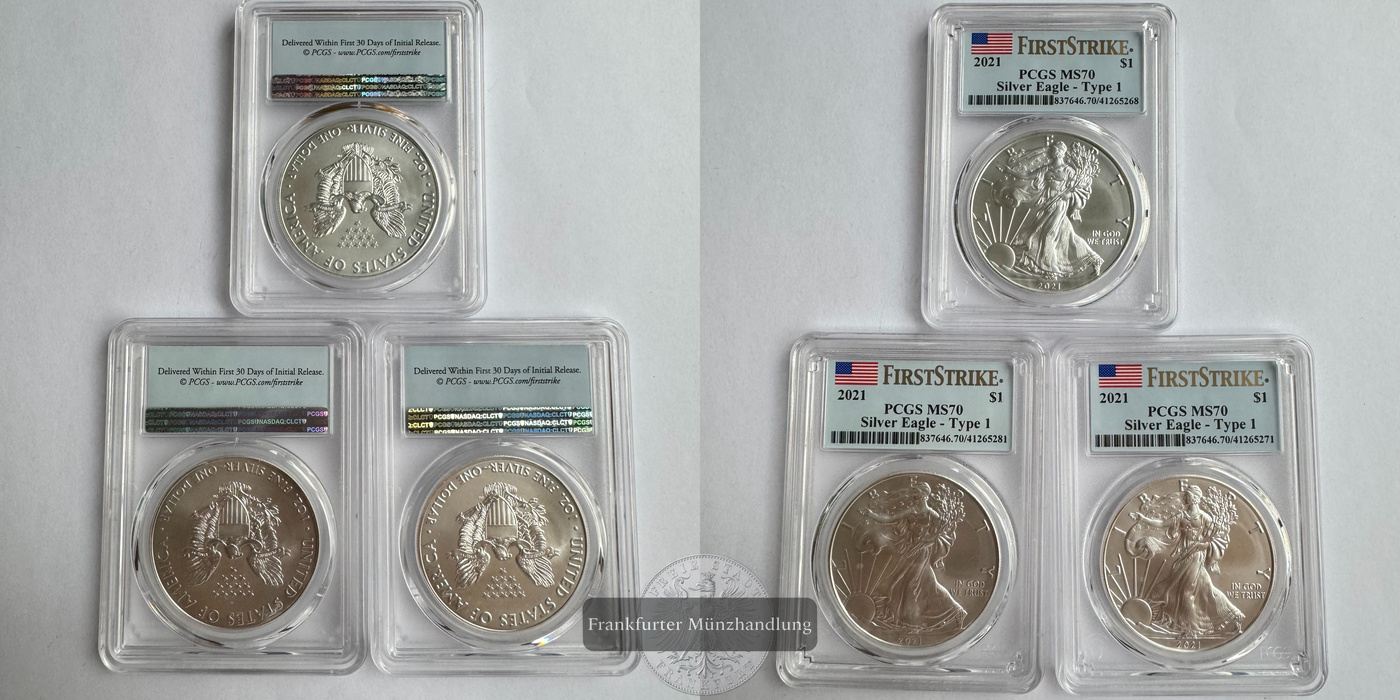  USA / 3x 1 Dollar 2021 Walking Liberty Graded by PCGS FM-Frankfurt KM#273 Feinsilber: 93,3g   