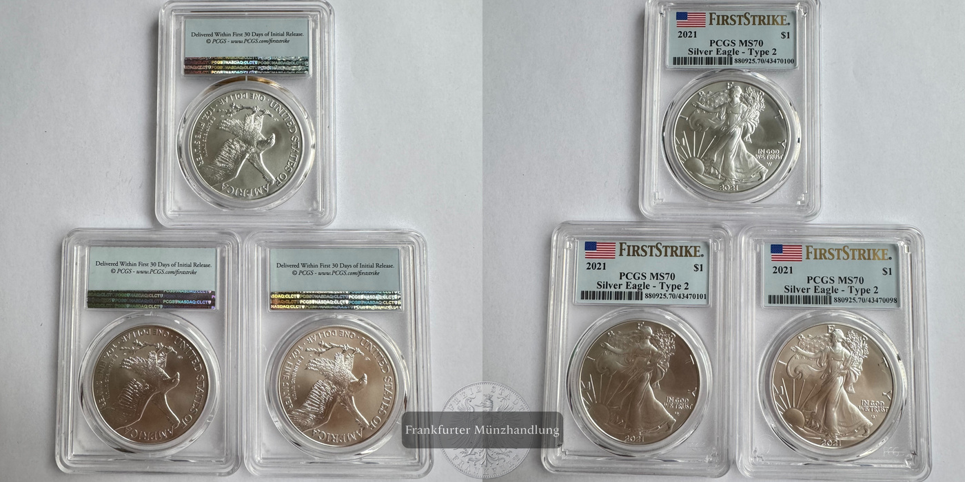 USA / 3x 1 Dollar 2021 (2021-25) American Silver Eagle Graded FM-Frankfurt KM#746 Feinsilber: 93,3g   
