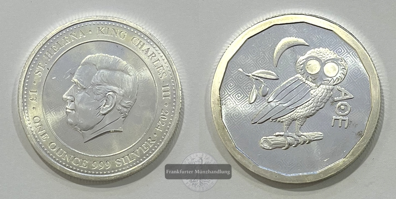  St. Helena 1 Pound 2024 Owl of Athens FM-Frankfurt Feinsilber: 31,06g   