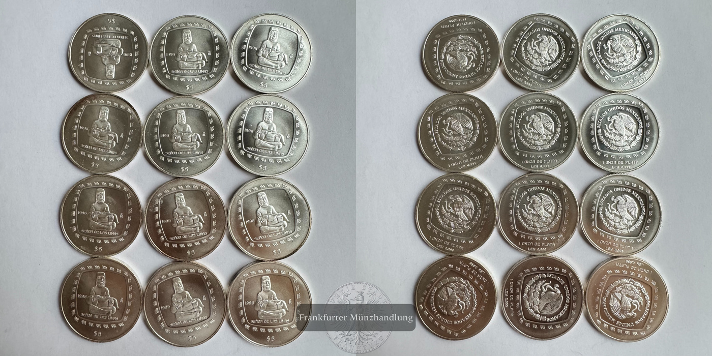  Lot Mexiko / 12x 5 Pesos (Señor De Las Limas 1 oz 1996 (1996-1998) FM-Frankfurt Feinsilber: 373,2g   