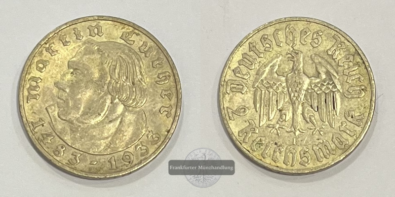  Deutschland Drittes Reich 2 Reichsmark 1933 E Martin Luther FM-Frankfurt  Feinsilber:5g   