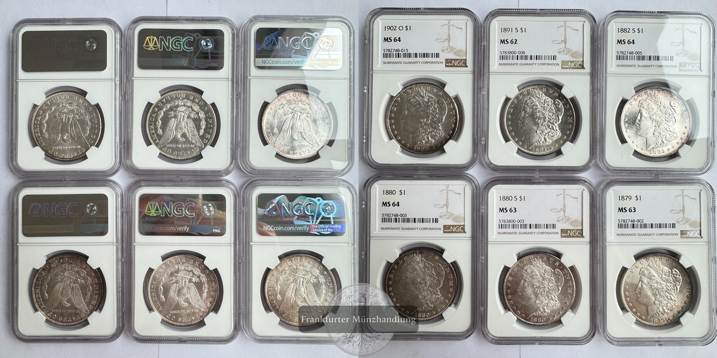  Lot USA / 6x 1 Dollar Morgan Dollar div. Jg. (1879-1902) Graded FM-Frankfurt Feinsilber: 144,34g   