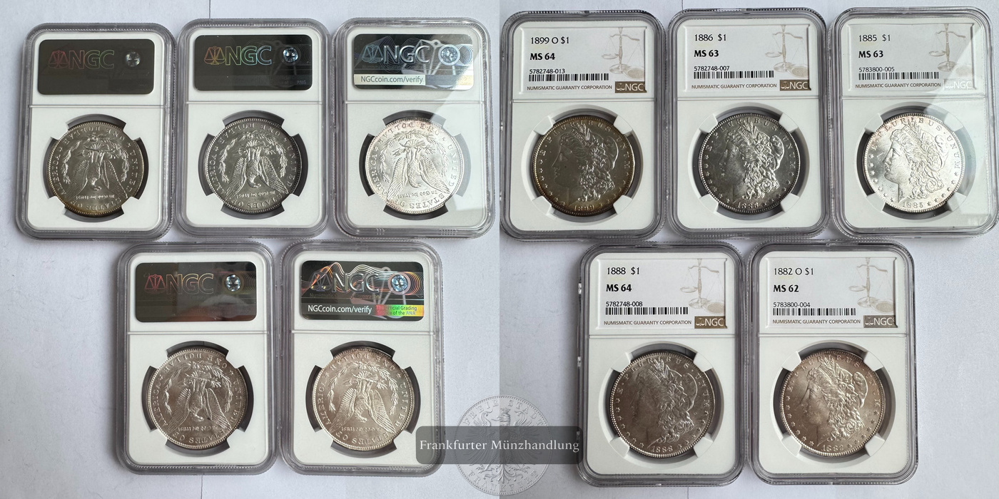  Lot USA / 5x 1 Dollar Morgan Dollar div. Jg. (1882-1899) Graded FM-Frankfurt Feinsilber: 120,3g   