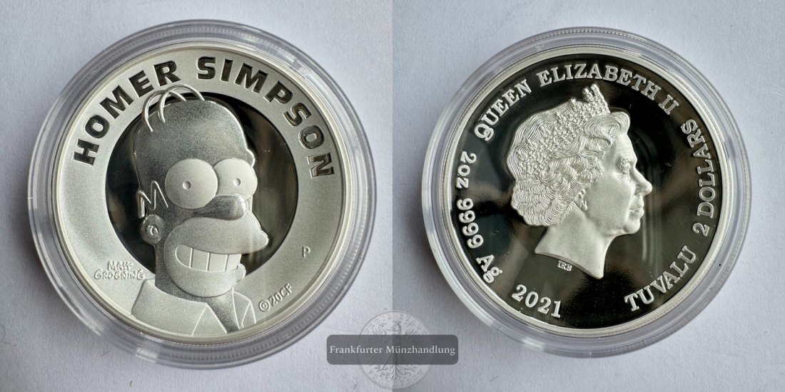 Tuvalu / 2 Dollars Elizabeth II (Homer Simpson) 2021 FM-Frankfurt Feinsilber: 62,2g   