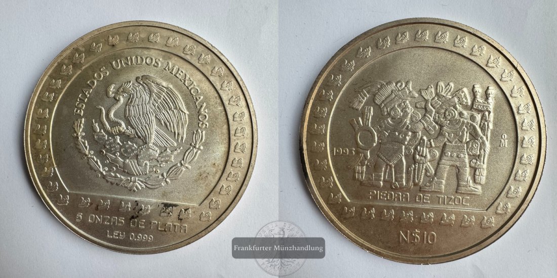  Mexiko / 10 Neue Pesos Piedra de Tizoc 5 oz 1993 (1992-93) FM-Frankfurt KM#650 Feinsilber: 155,5g   