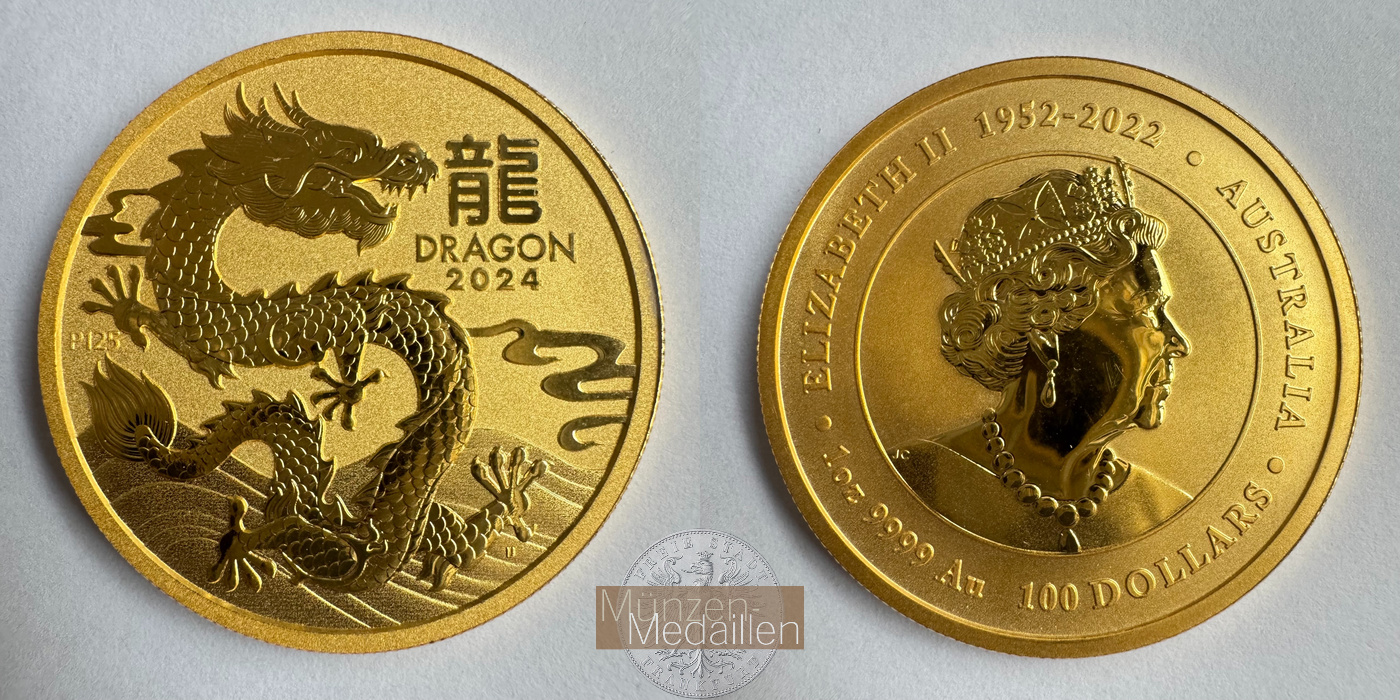  Australien 100 Dollars Year of the Dragon 2024 (Elizabeth II) MM-Frankfurt Feingold: 31,1g   