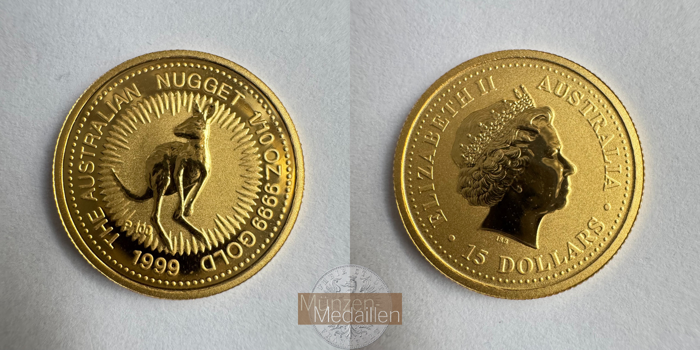  Australien 15 Dollars Australian Kangaroo (Nugget) 1999 (Elizabeth II) MM-Frankfurt Feingold: 3,11g   