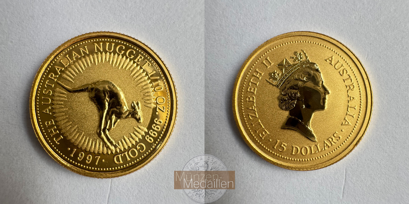  Australien 15 Dollars Australian Kangaroo (Nugget) 1997 (Elizabeth II) MM-Frankfurt Feingold: 3,11g   