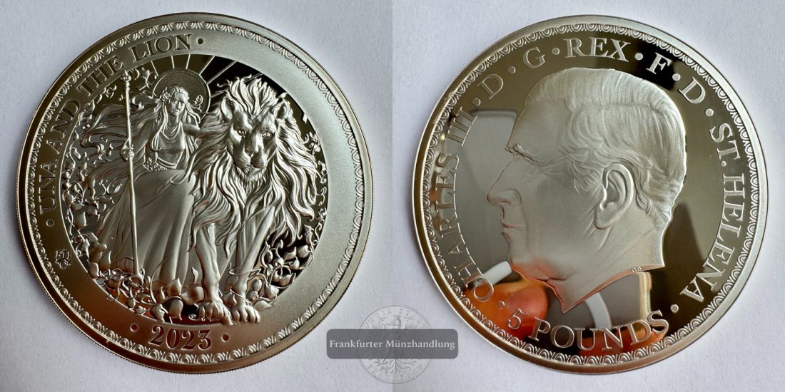  St. Helena 5 Pounds 2023 Una and the Lion FM-Frankfurt Feinsilber: 155,5g   