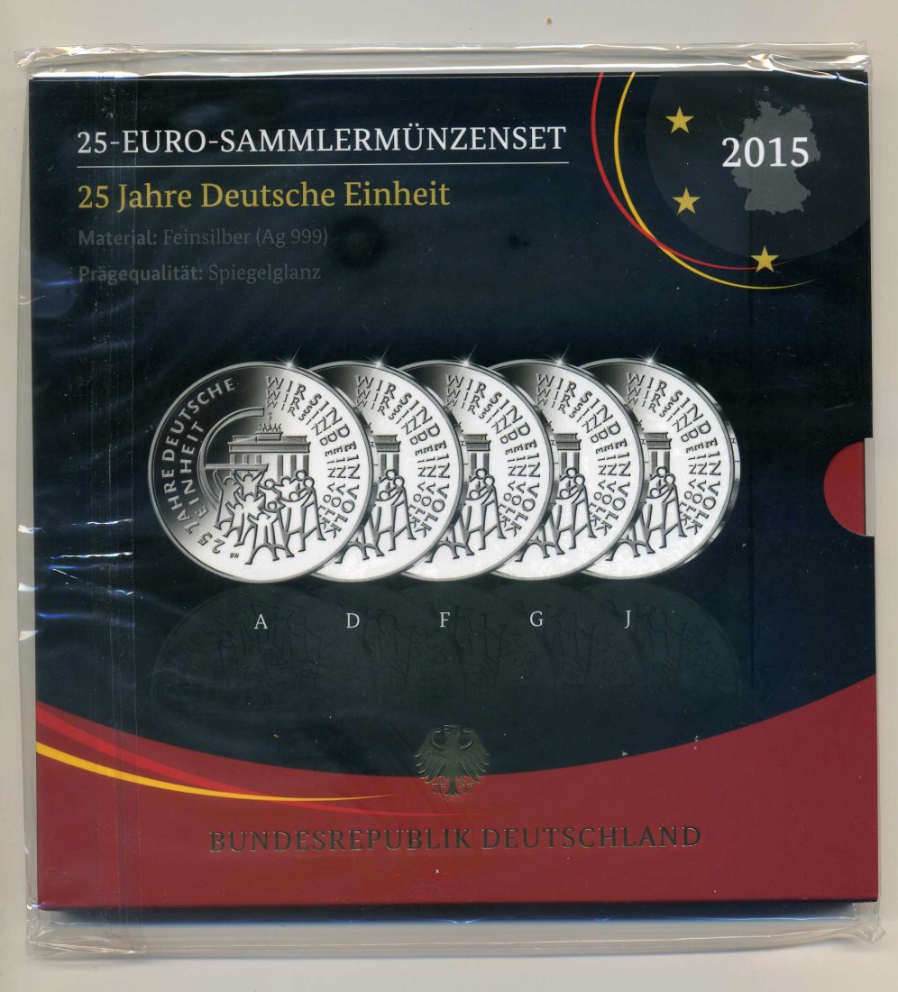  5 x 25 Euro 2015 PP A,D,F,G+J 25 Jahre Deutsche Einheit im Original Blister + Folie   