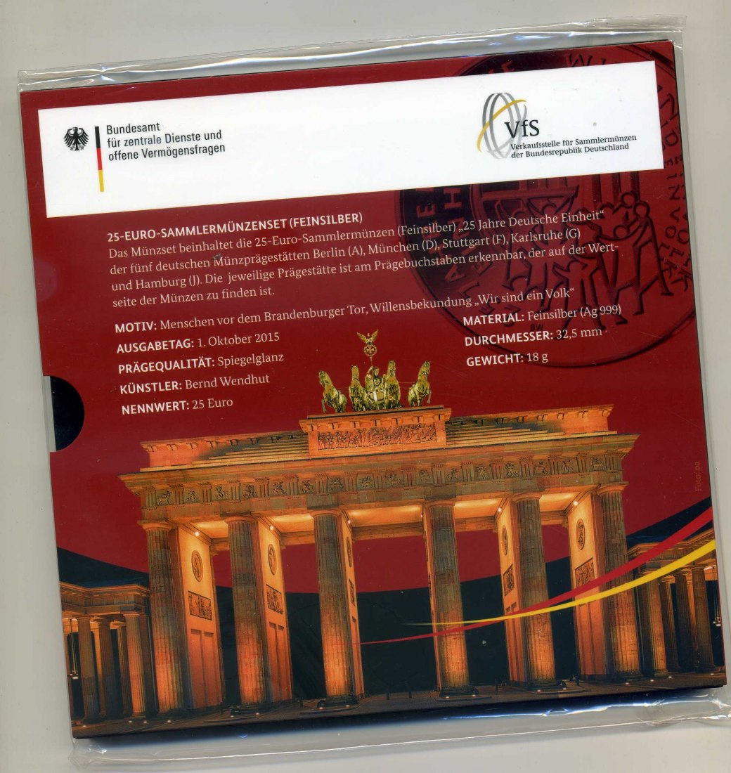 5 x 25 Euro 2015 PP A,D,F,G+J 25 Jahre Deutsche Einheit im Original Blister + Folie   