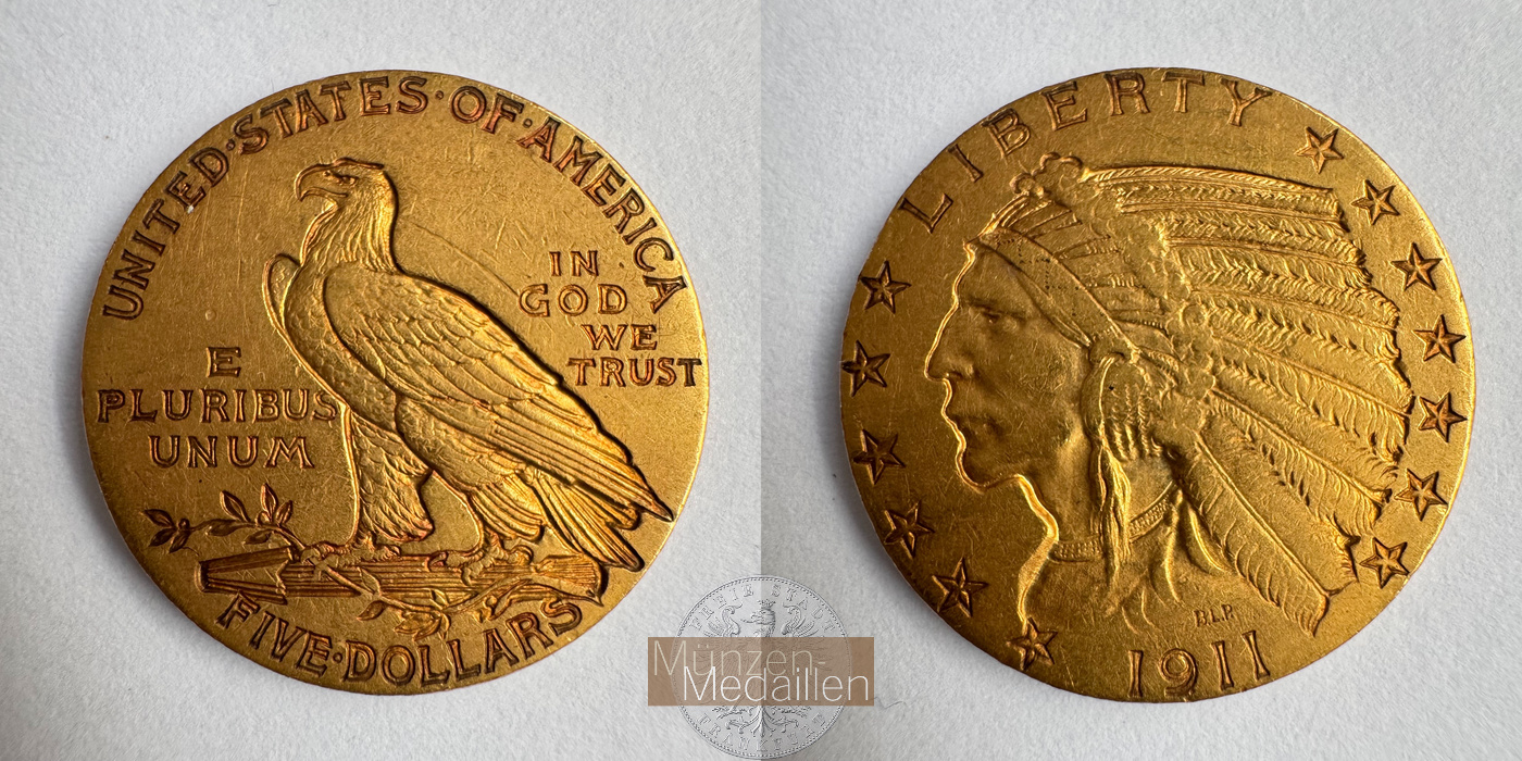  USA 5 Dollars (Indian Head) 1911 (1908-1929) MM-Frankfurt Feingold: 7,52g   