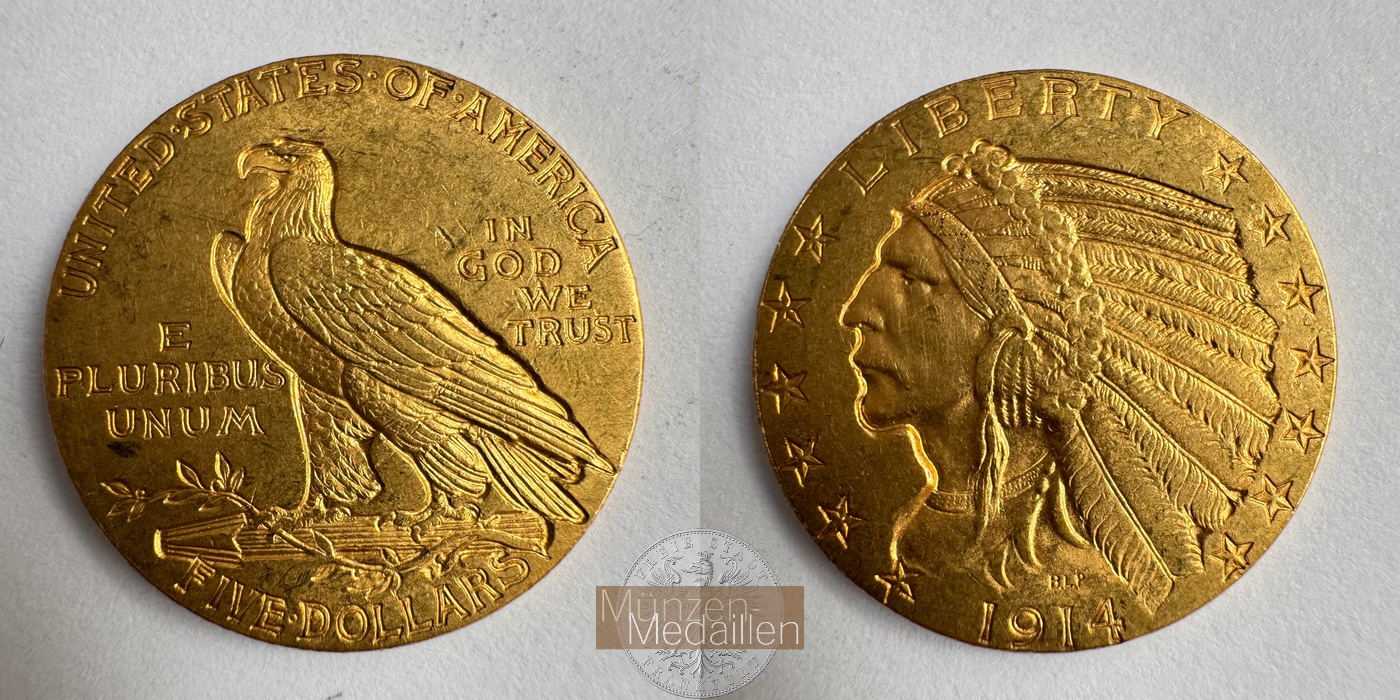  USA 5 Dollars (Indian Head) 1914 (1908-1929) MM-Frankfurt KM# 129 Feingold: 7,52g   