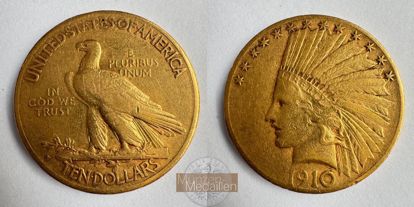  USA 10 Dollars (Indian Head) 1910 (1908-1933) MM-Frankfurt KM#130 Feingold: 15,05g   